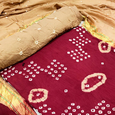 Maroon Casual Wear Hand Bandhej Cotton Dress Material
