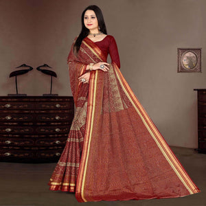 Maroon Casual Wear Ikkat Printed Cotton Silk Saree