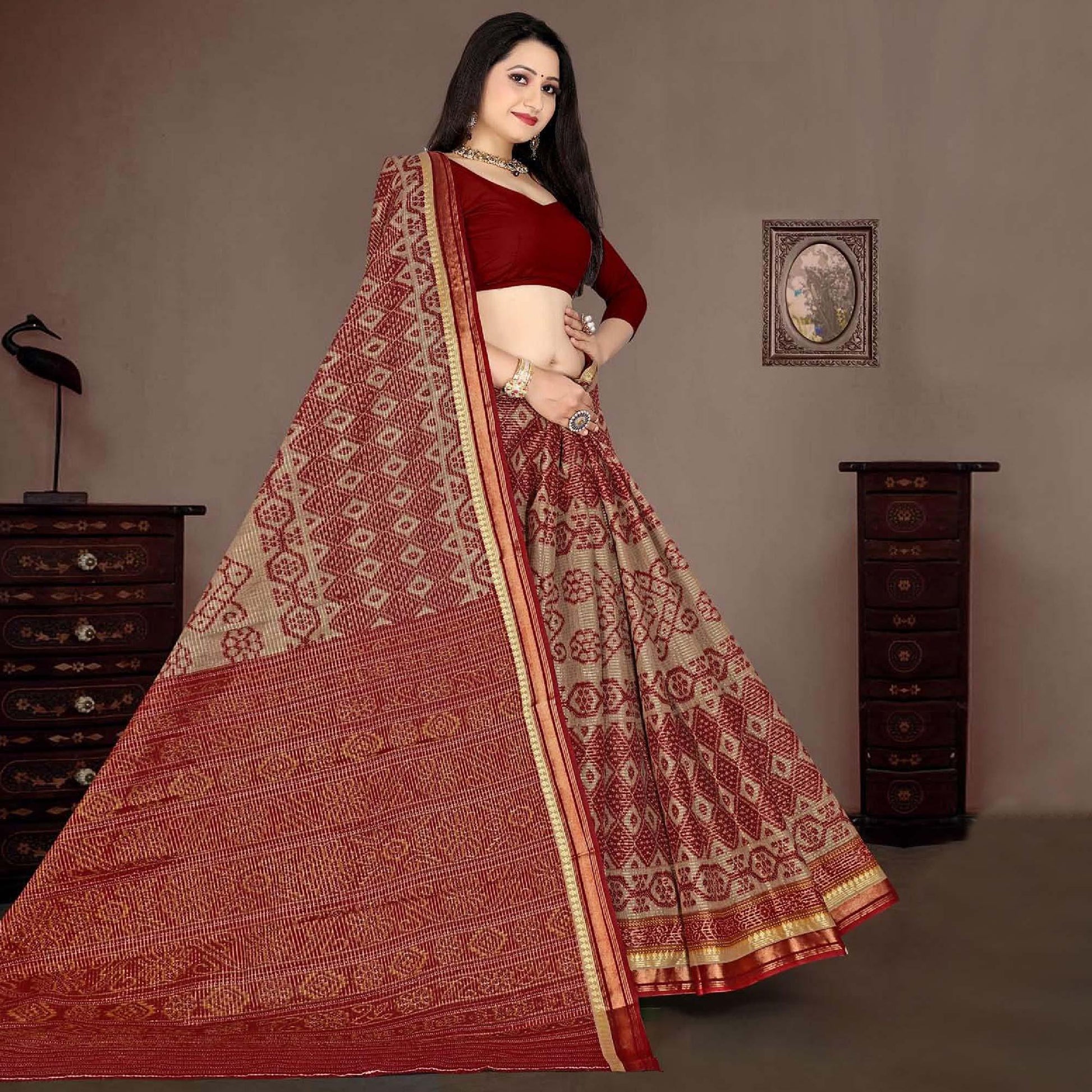 Maroon Casual Wear Ikkat Printed Cotton Silk Saree