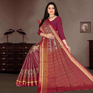 Maroon Casual Wear Ikkat Printed Cotton Silk Saree