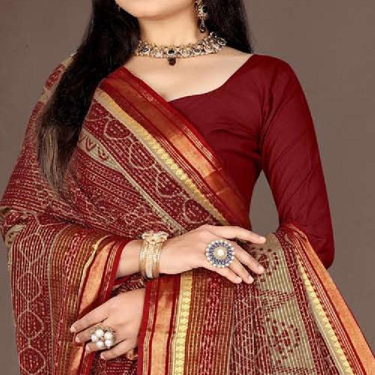 Maroon Casual Wear Ikkat Printed Cotton Silk Saree