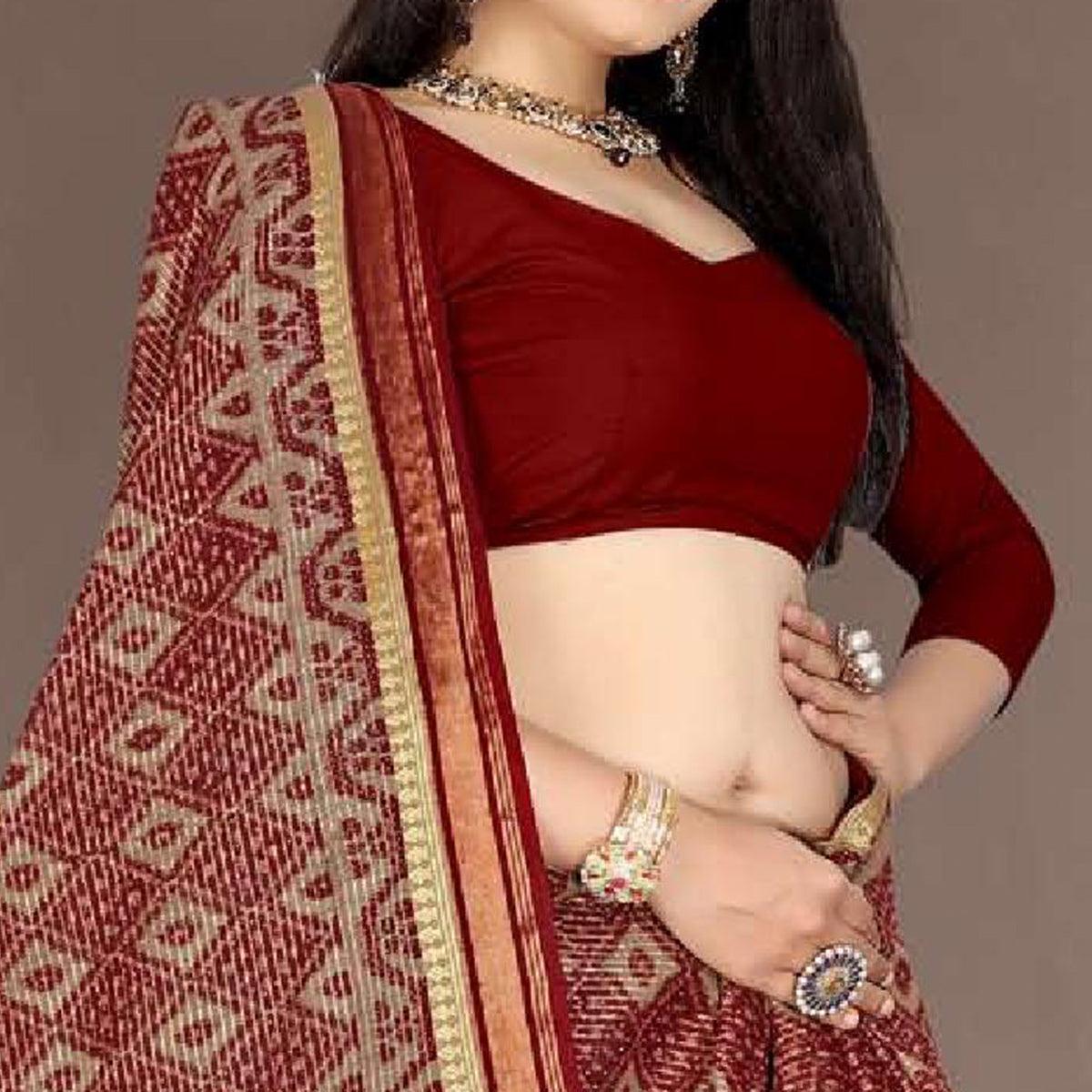 Maroon Casual Wear Ikkat Printed Cotton Silk Saree