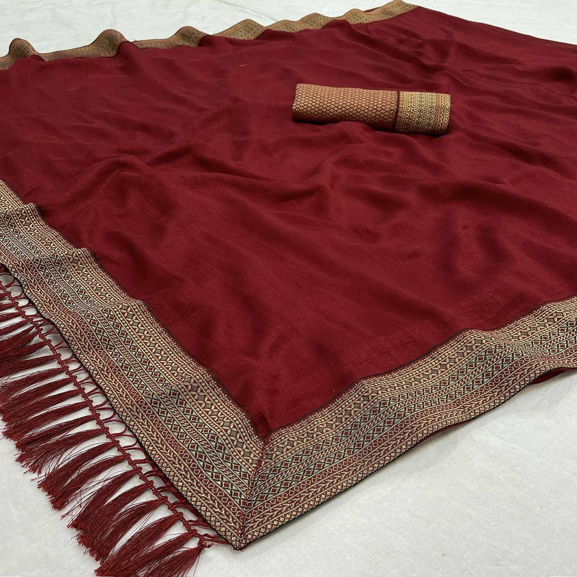 Maroon Casual Wear Jacquard Lace Border Silk Saree With Tassels