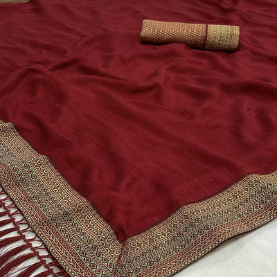 Maroon Casual Wear Jacquard Lace Border Silk Saree With Tassels