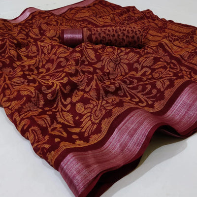 Maroon Casual Wear Mill Printed Linen Cotton Saree With Silver Zari Border