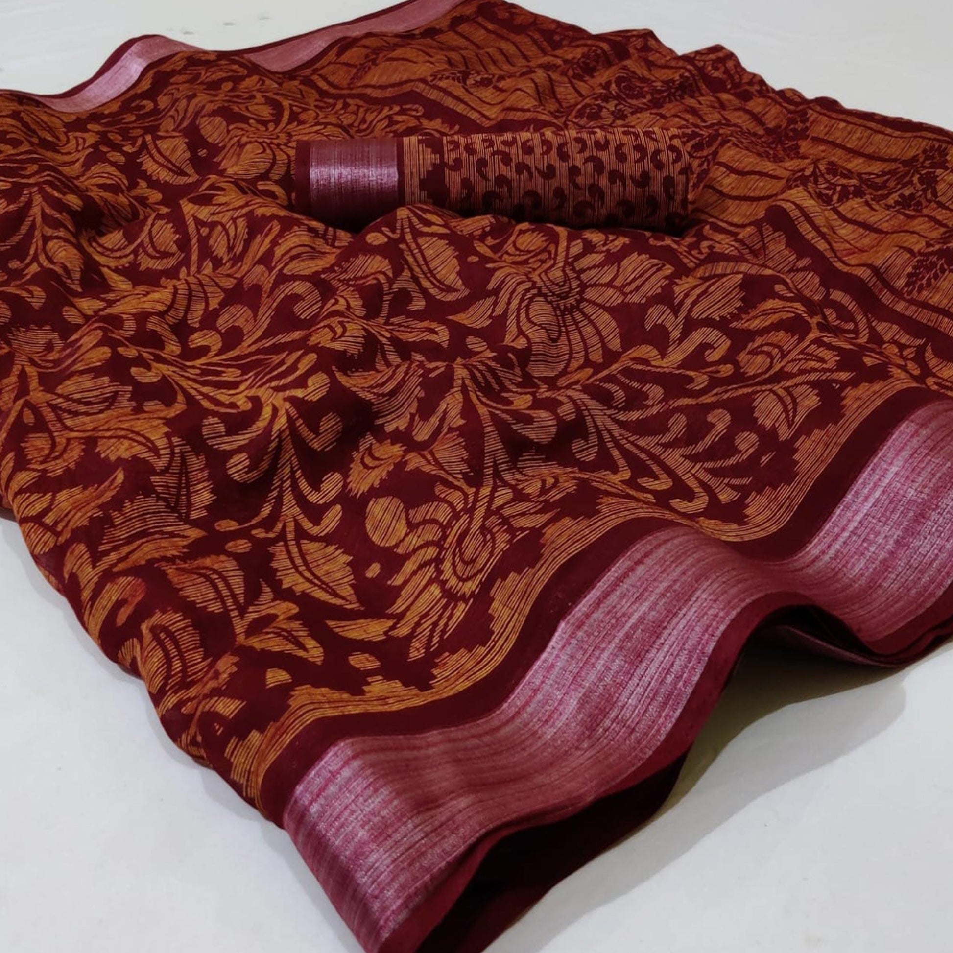 Maroon Casual Wear Mill Printed Linen Cotton Saree With Silver Zari Border