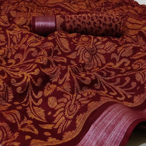 Maroon Casual Wear Mill Printed Linen Cotton Saree With Silver Zari Border