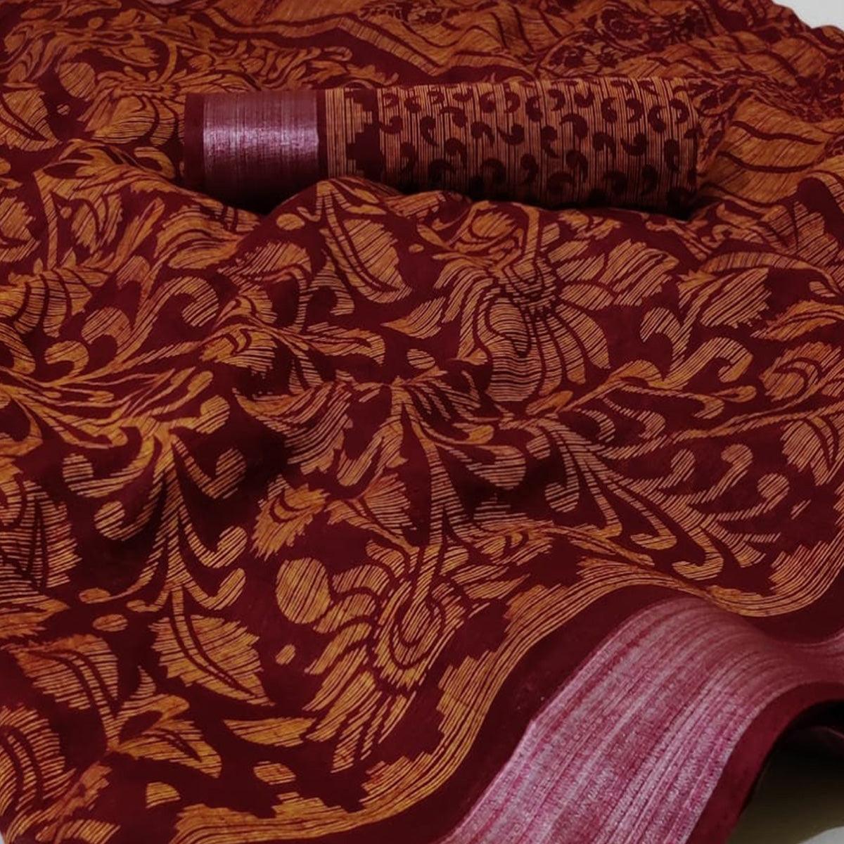 Maroon Casual Wear Mill Printed Linen Cotton Saree With Silver Zari Border