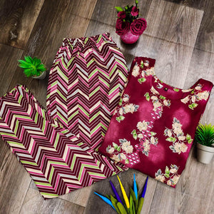Maroon Casual Wear Mirror Printed Ruby Cotton Kurti Pant Set
