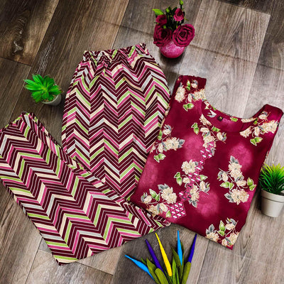 Maroon Casual Wear Mirror Printed Ruby Cotton Kurti Pant Set