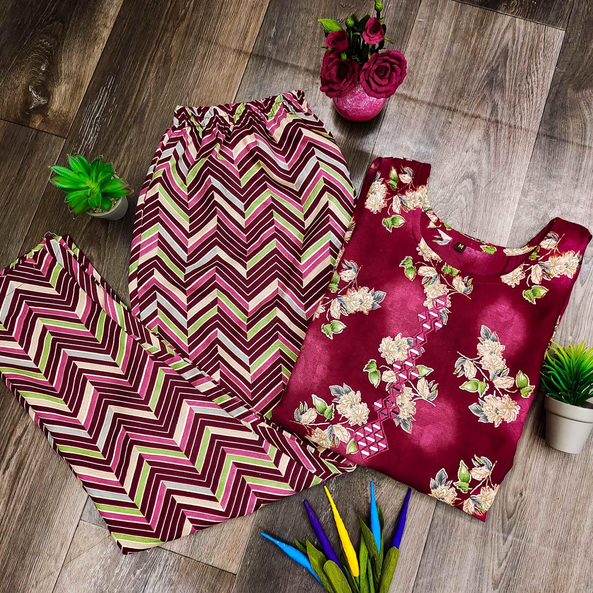 Maroon Casual Wear Mirror Printed Ruby Cotton Kurti Pant Set