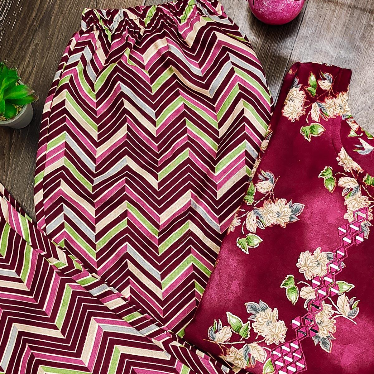 Maroon Casual Wear Mirror Printed Ruby Cotton Kurti Pant Set
