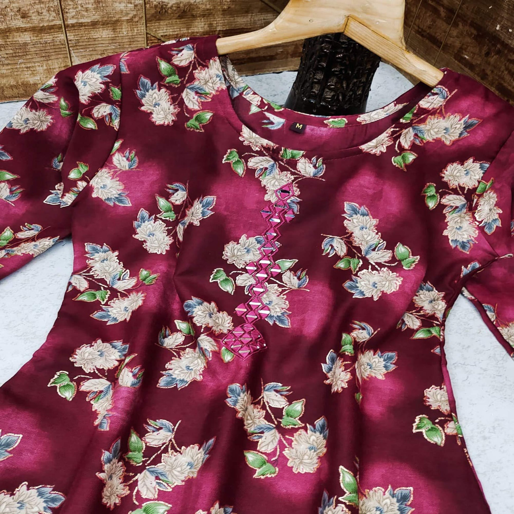 Maroon Casual Wear Mirror Printed Ruby Cotton Kurti Pant Set