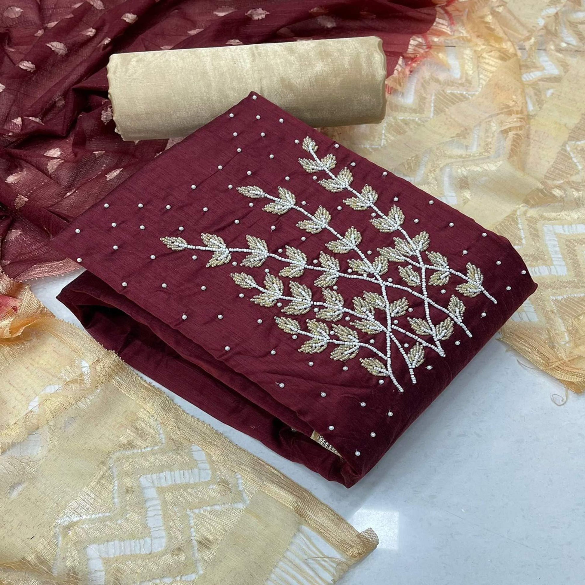 Maroon Casual Wear Pearl Handwork Modal Silk  Dress Material
