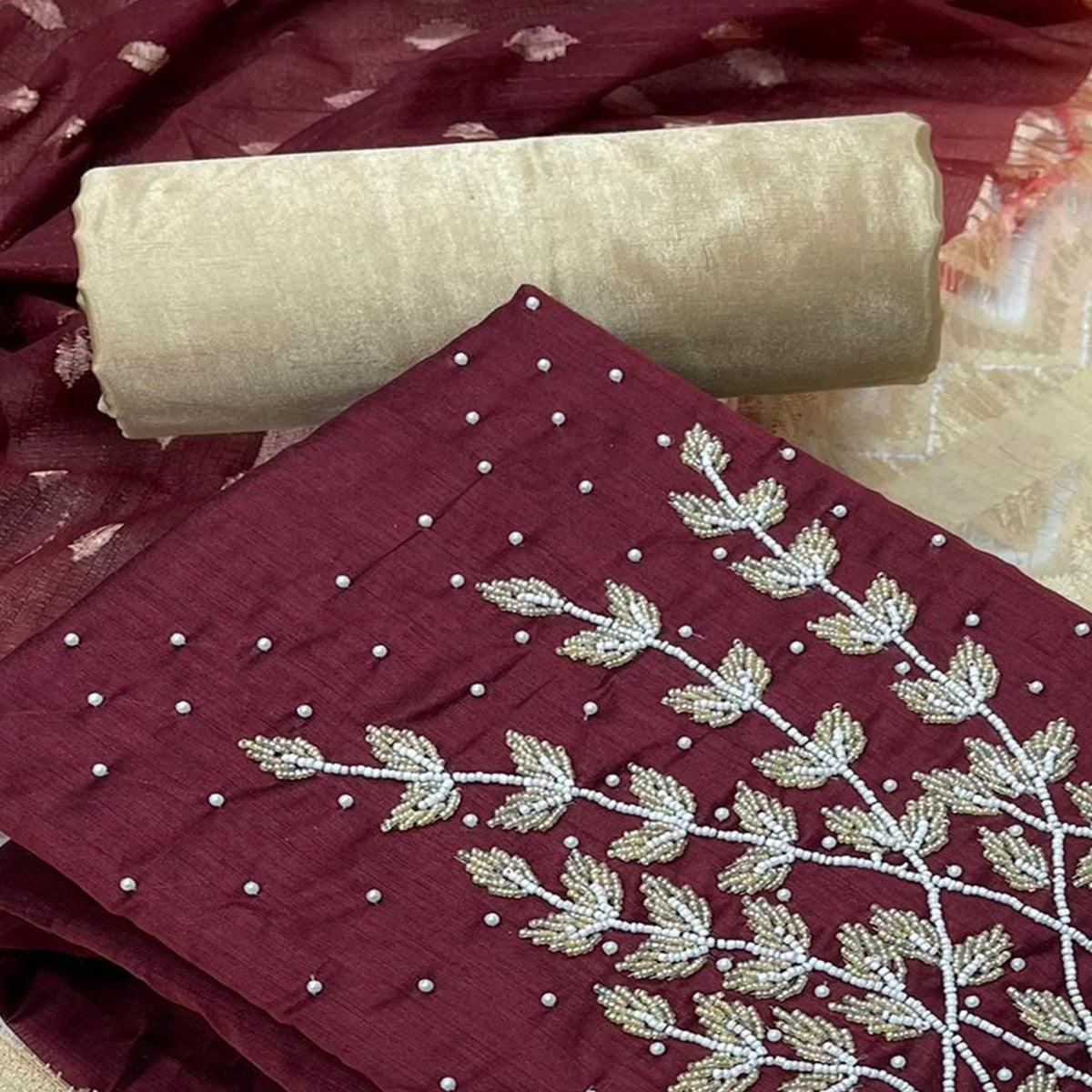 Maroon Casual Wear Pearl Handwork Modal Silk  Dress Material