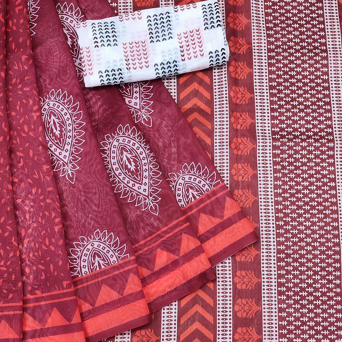 Maroon Casual Wear Printed Chanderi Saree