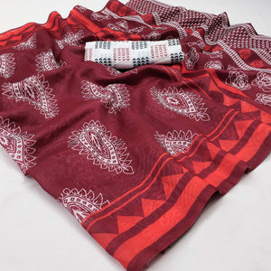 Maroon Casual Wear Printed Chanderi Saree