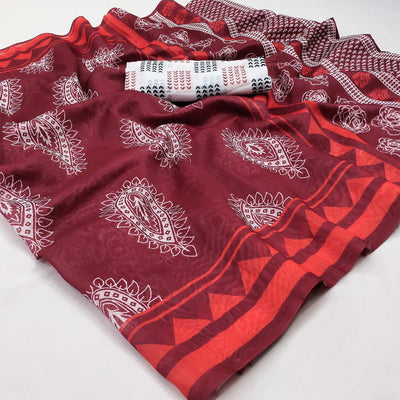 Maroon Casual Wear Printed Chanderi Saree