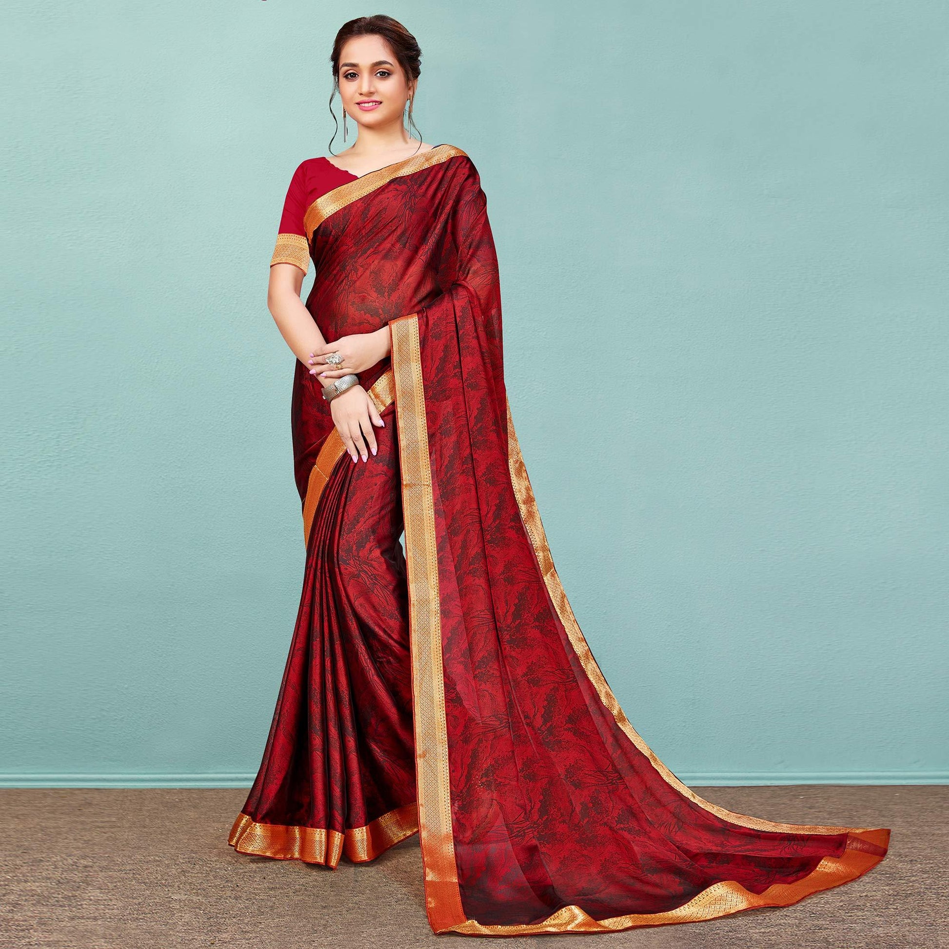 Maroon Casual Wear Printed  Chiffon Saree With Banarasi Lace
