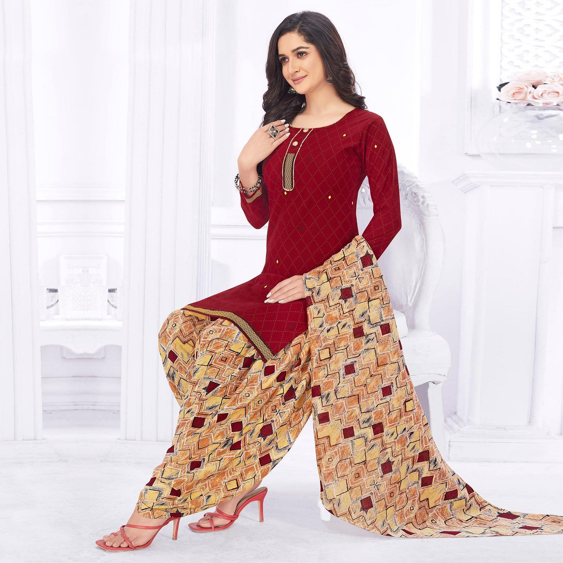 Maroon Casual Wear Printed Cotton Dress Material