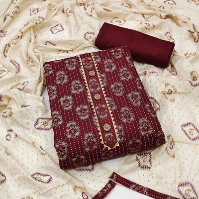 Maroon Casual Wear Printed Cotton Dress Material