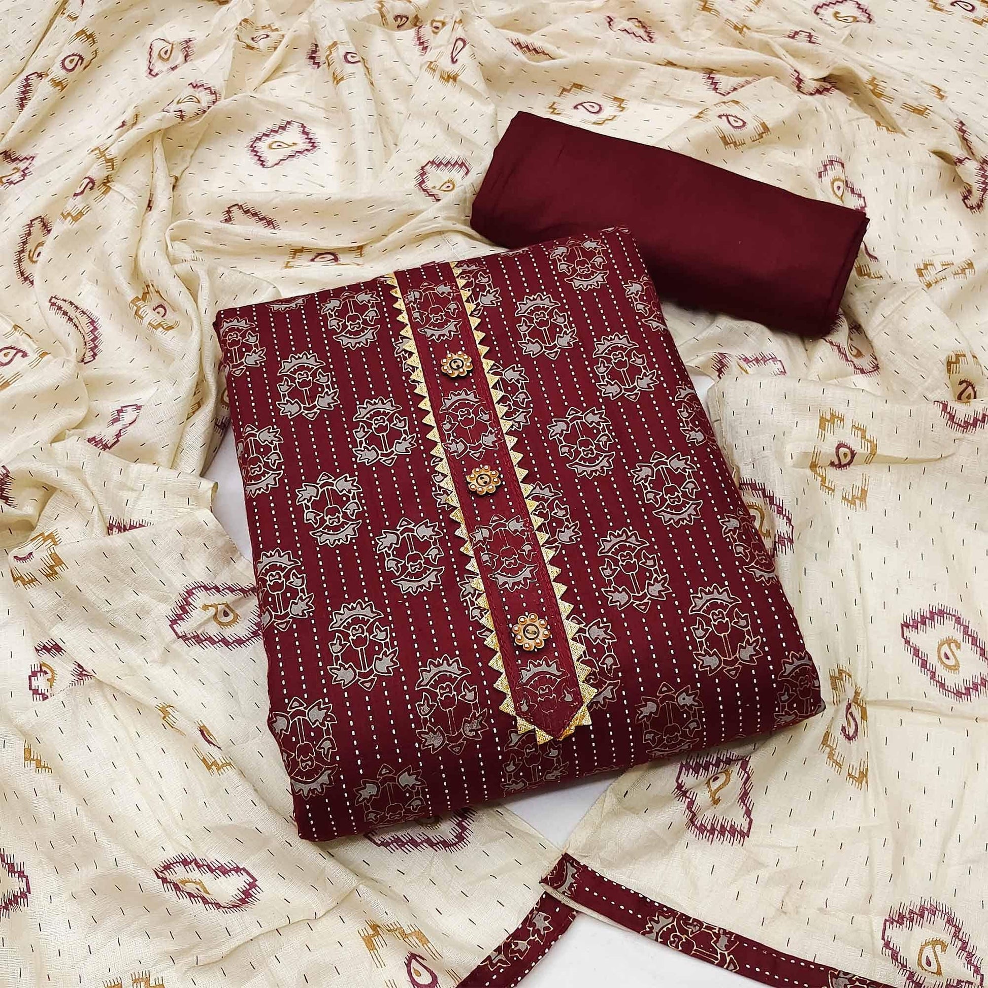 Maroon Casual Wear Printed Cotton Dress Material