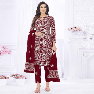 Maroon Casual Wear Printed Cotton Dress Material