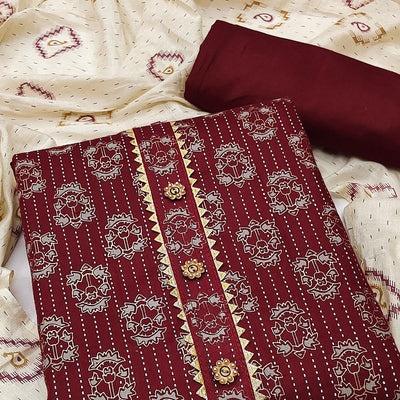 Maroon Casual Wear Printed Cotton Dress Material