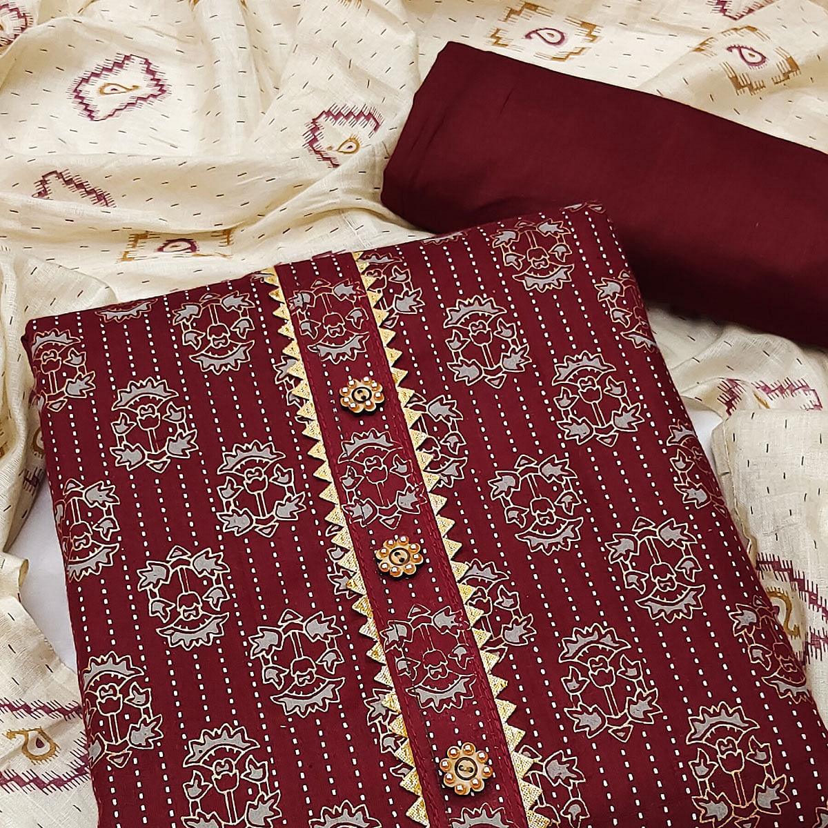 Maroon Casual Wear Printed Cotton Dress Material