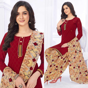 Maroon Casual Wear Printed Cotton Dress Material