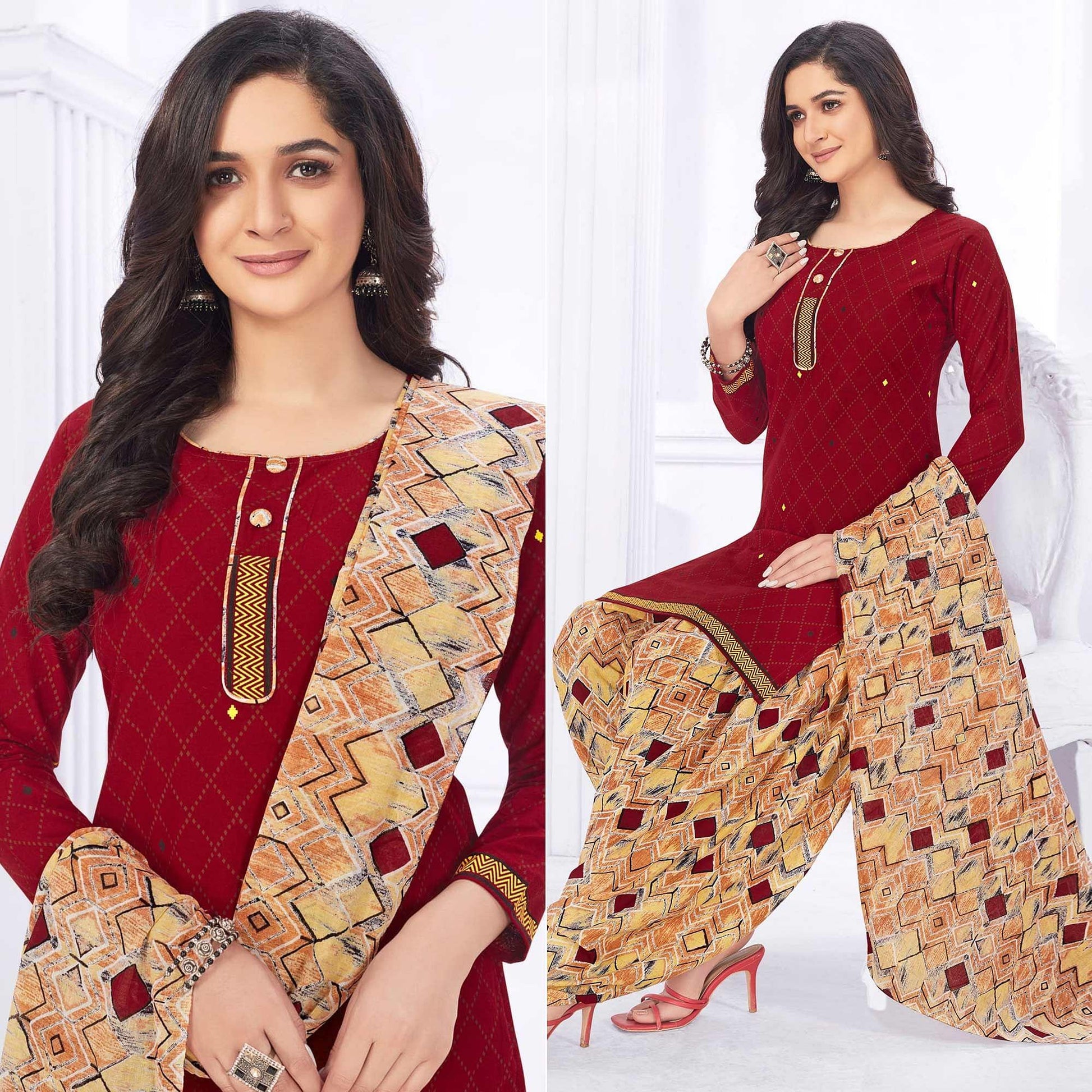Maroon Casual Wear Printed Cotton Dress Material