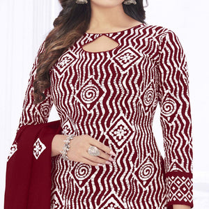 Maroon Casual Wear Printed Cotton Dress Material
