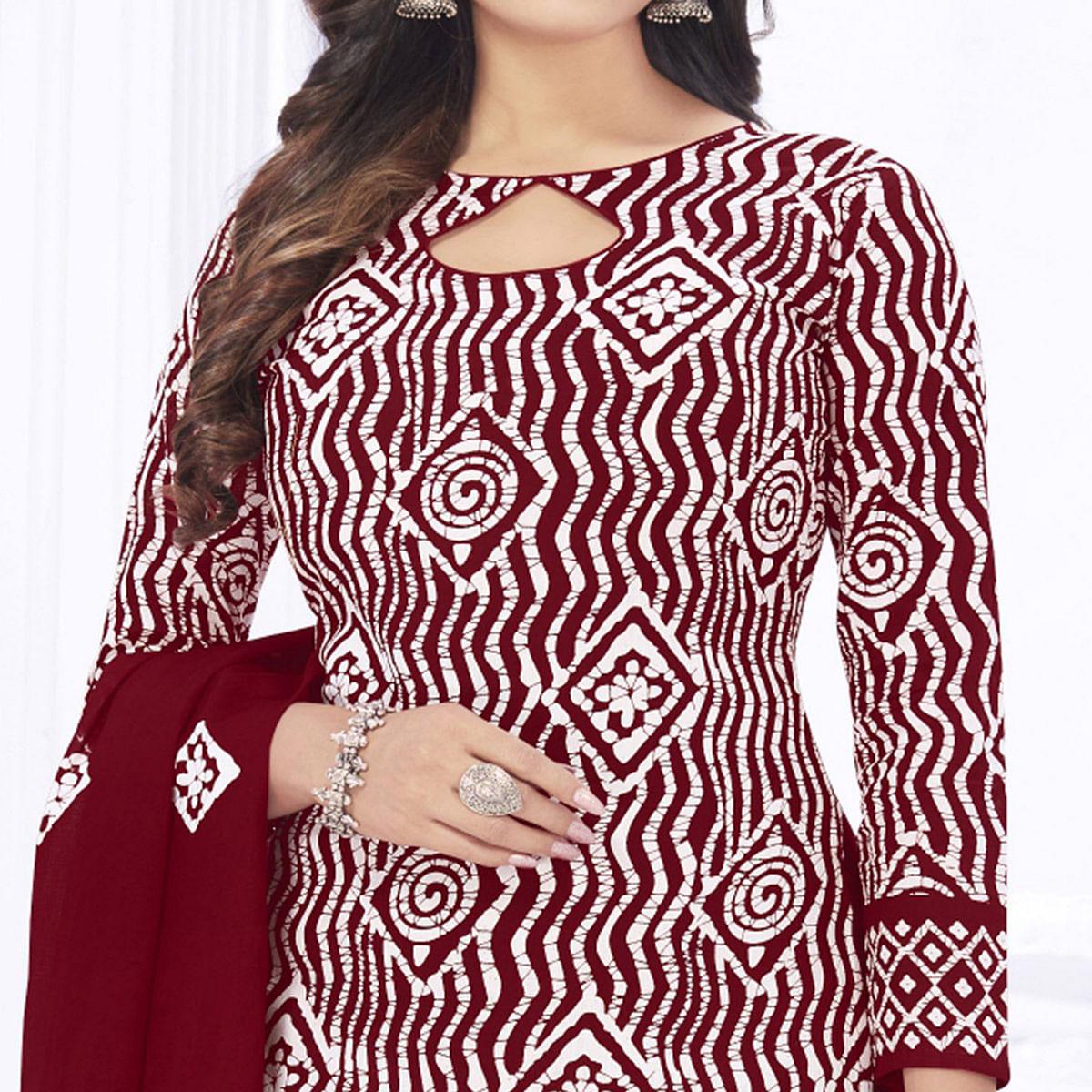 Maroon Casual Wear Printed Cotton Dress Material