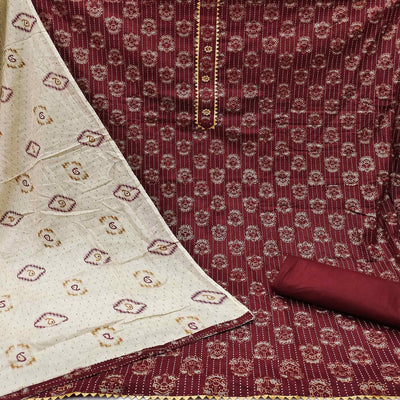 Maroon Casual Wear Printed Cotton Dress Material