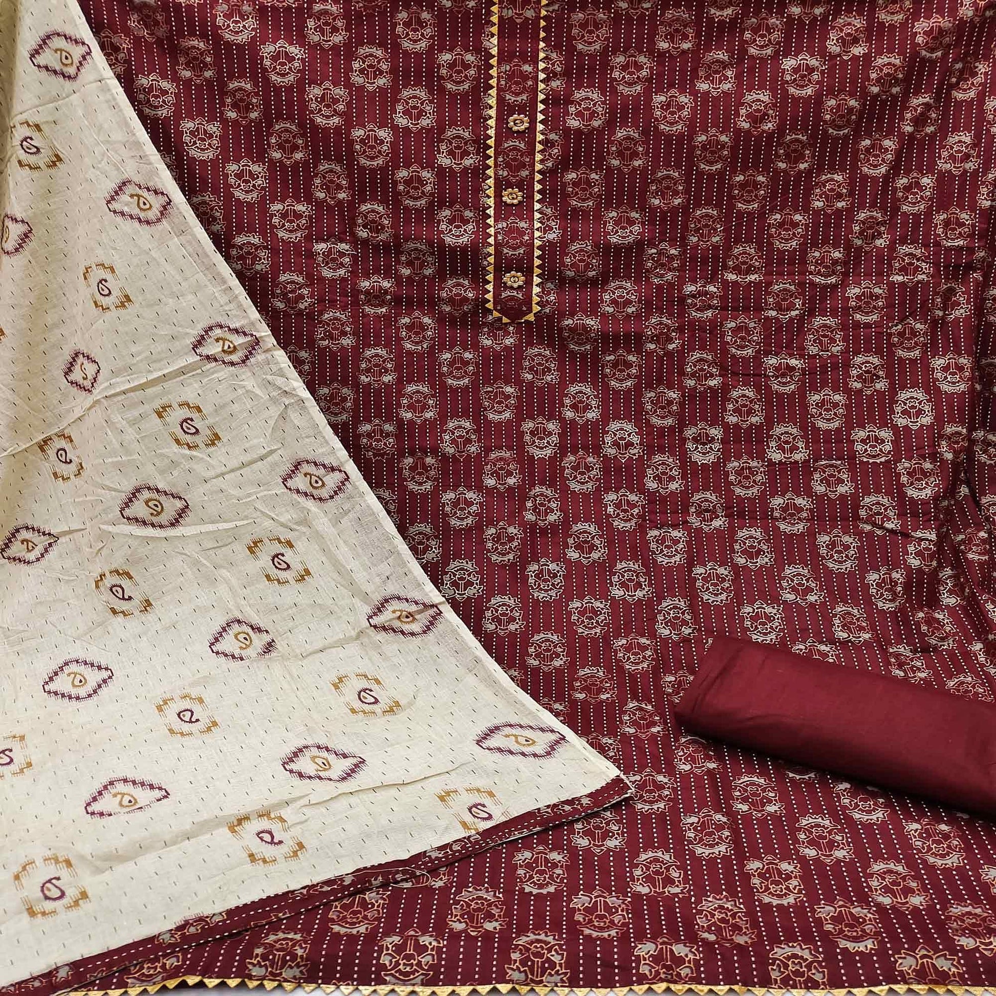 Maroon Casual Wear Printed Cotton Dress Material