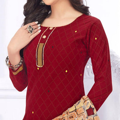 Maroon Casual Wear Printed Cotton Dress Material