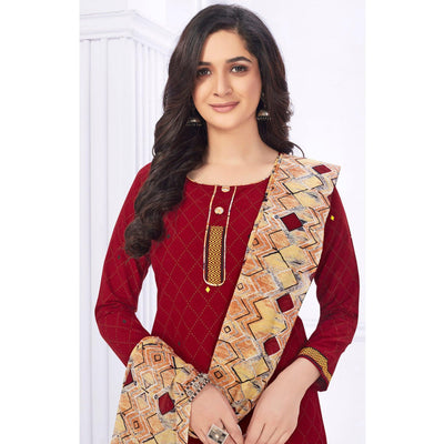 Maroon Casual Wear Printed Cotton Dress Material