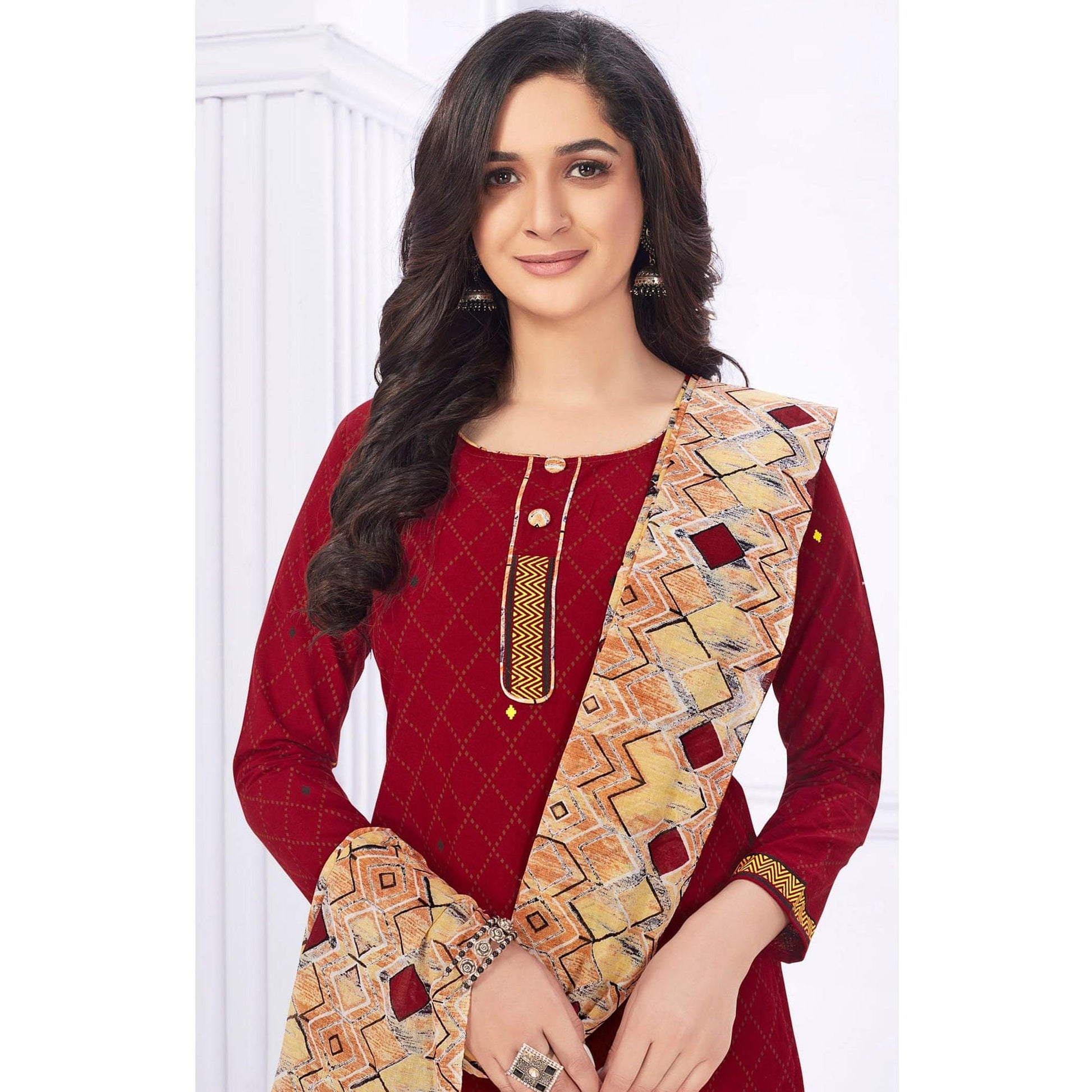 Maroon Casual Wear Printed Cotton Dress Material