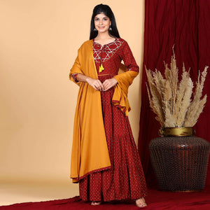 Maroon Casual Wear Printed Cotton Gown With Dupatta