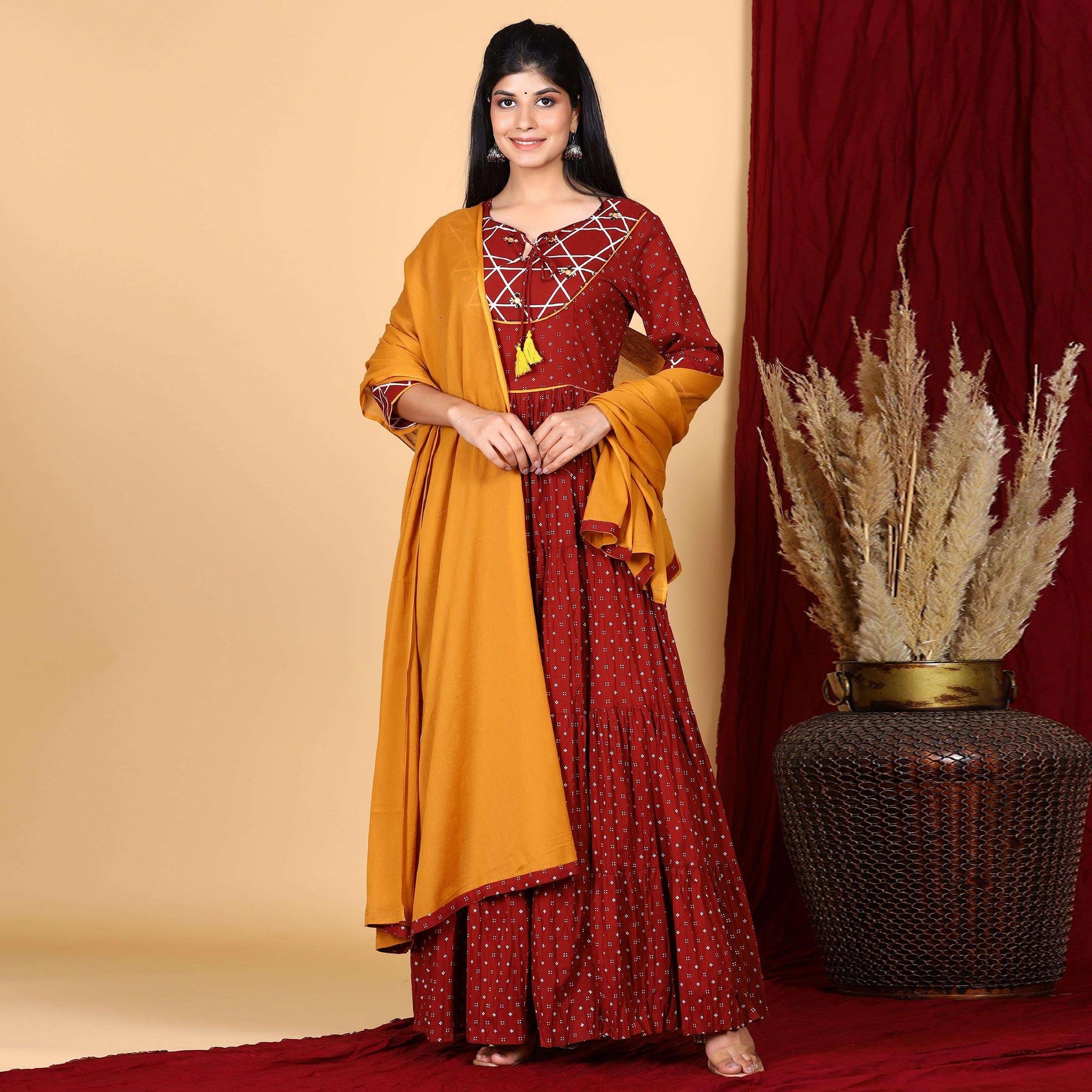 Maroon Casual Wear Printed Cotton Gown With Dupatta