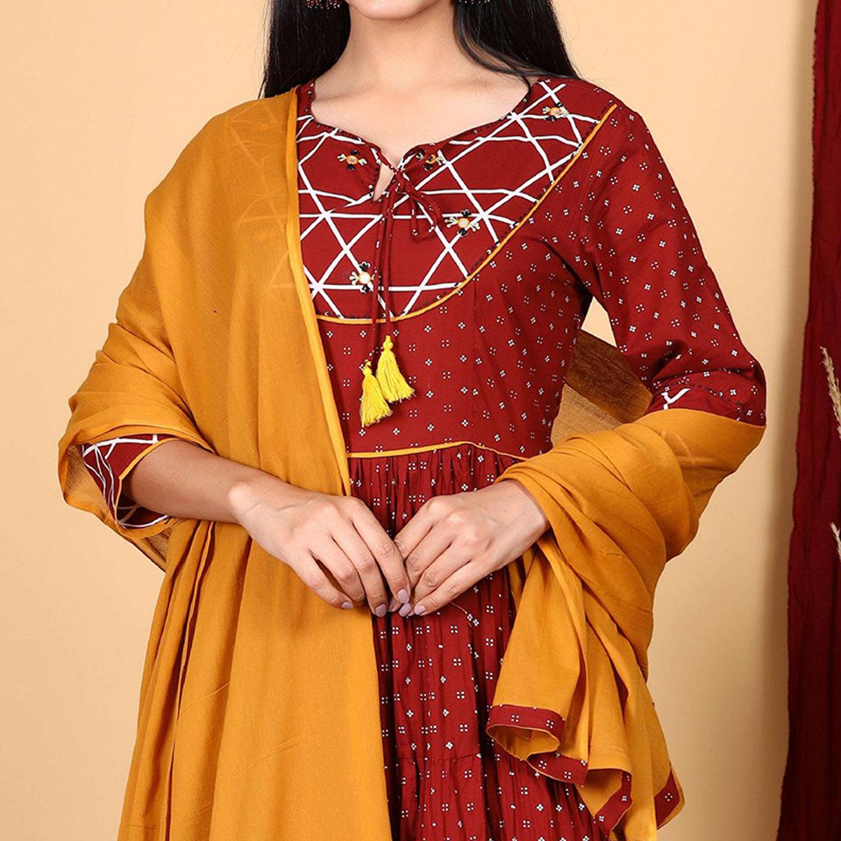 Maroon Casual Wear Printed Cotton Gown With Dupatta