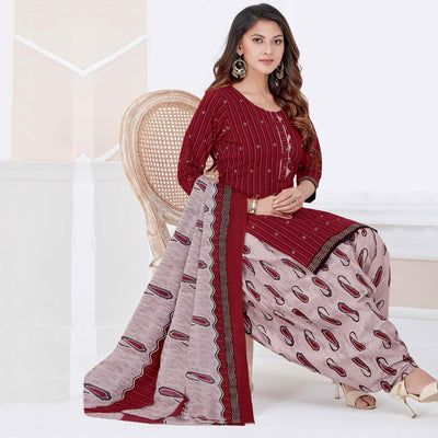 Maroon Casual Wear Printed Cotton Patiala Dress Material