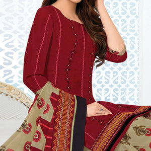 Maroon Casual Wear Printed Cotton Patiala Dress Material