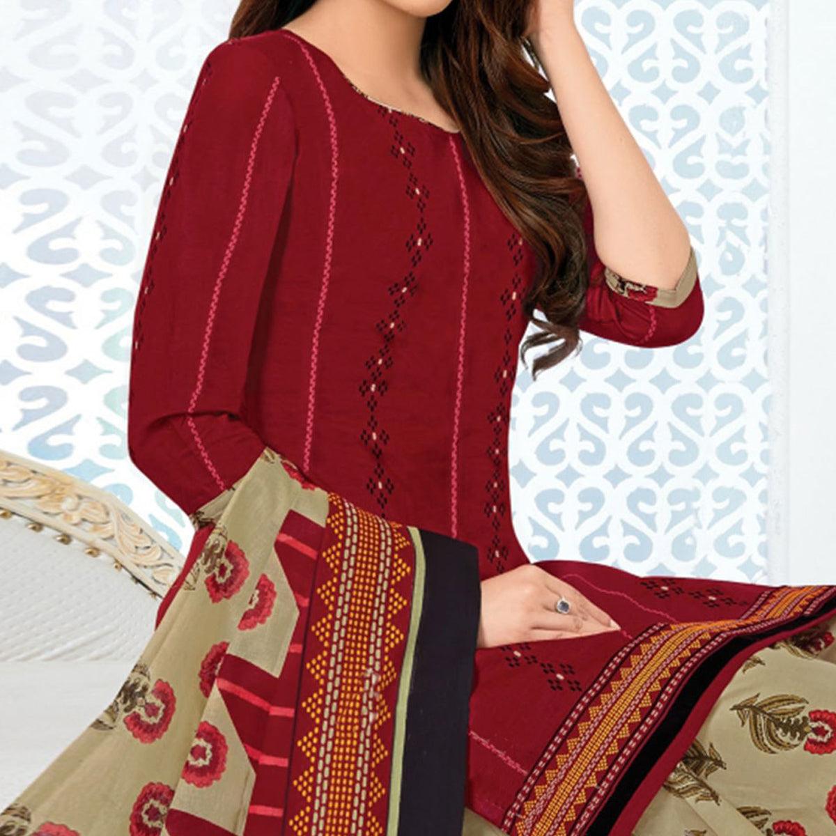 Maroon Casual Wear Printed Cotton Patiala Dress Material