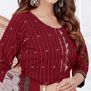 Maroon Casual Wear Printed Cotton Patiala Dress Material