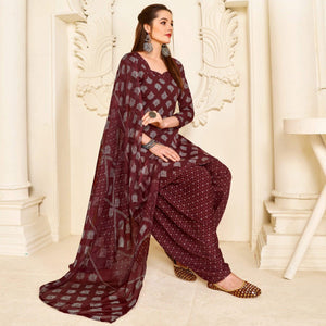 Maroon Casual Wear Printed Cotton Patiala Suit