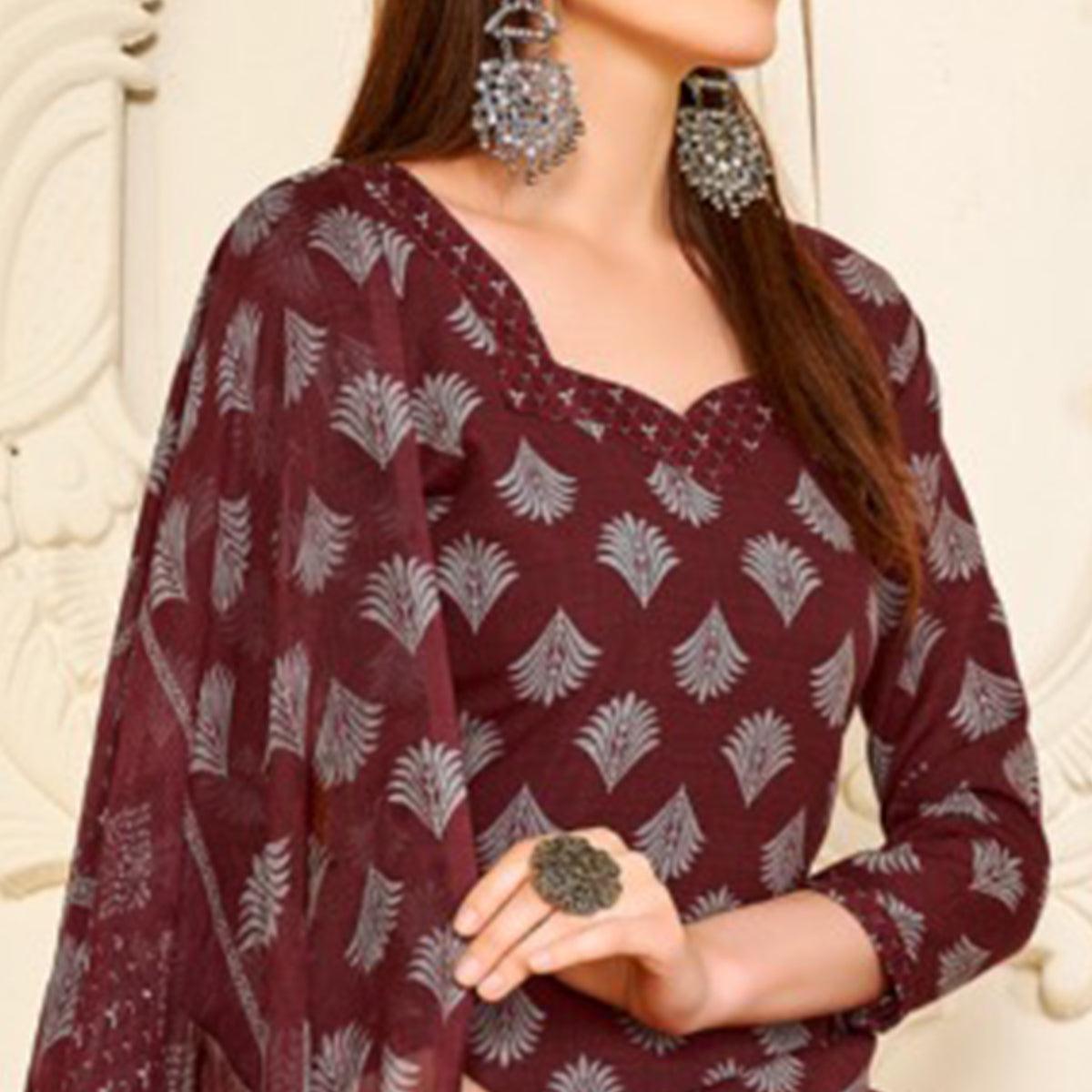 Maroon Casual Wear Printed Cotton Patiala Suit