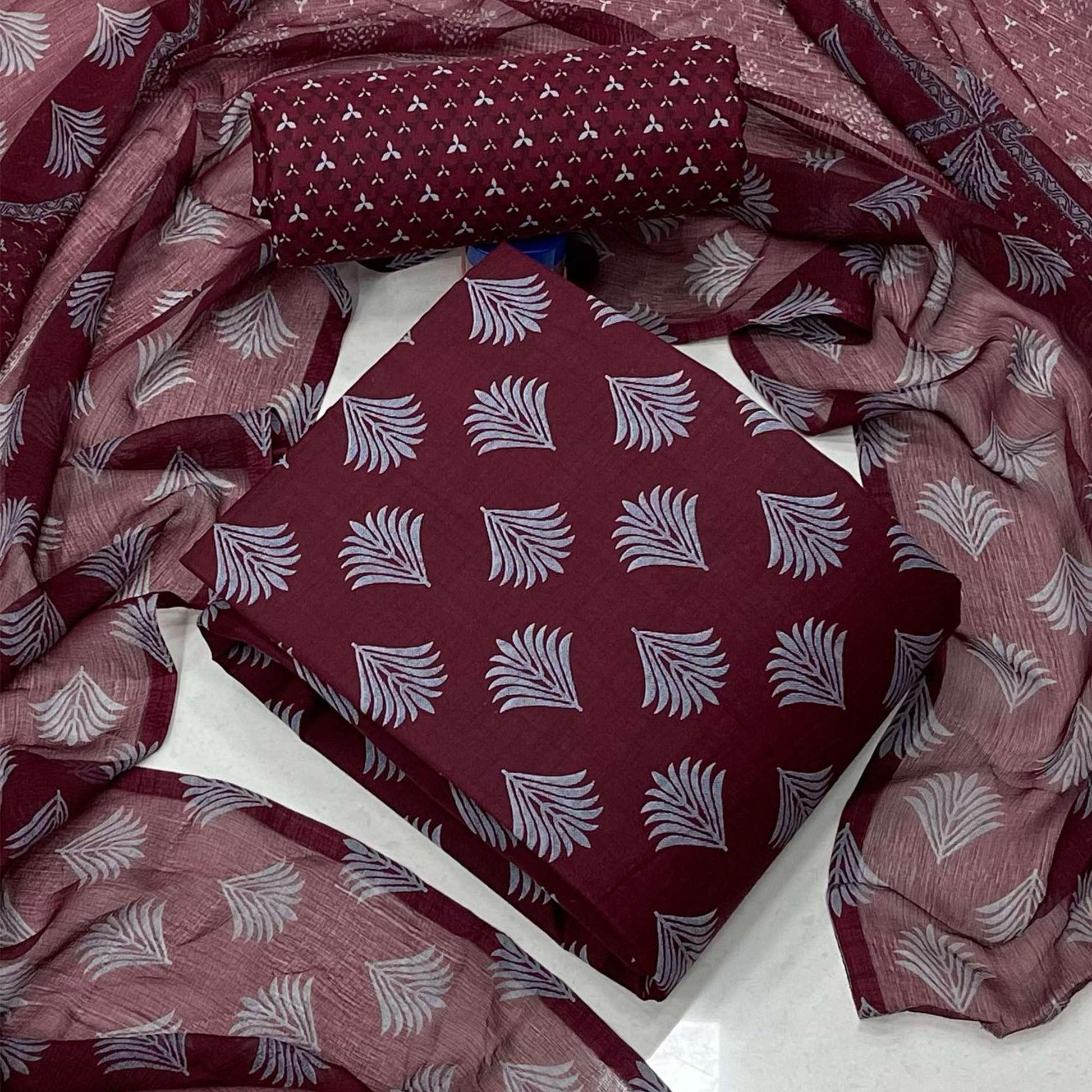 Maroon Casual Wear Printed Cotton Patiala Suit