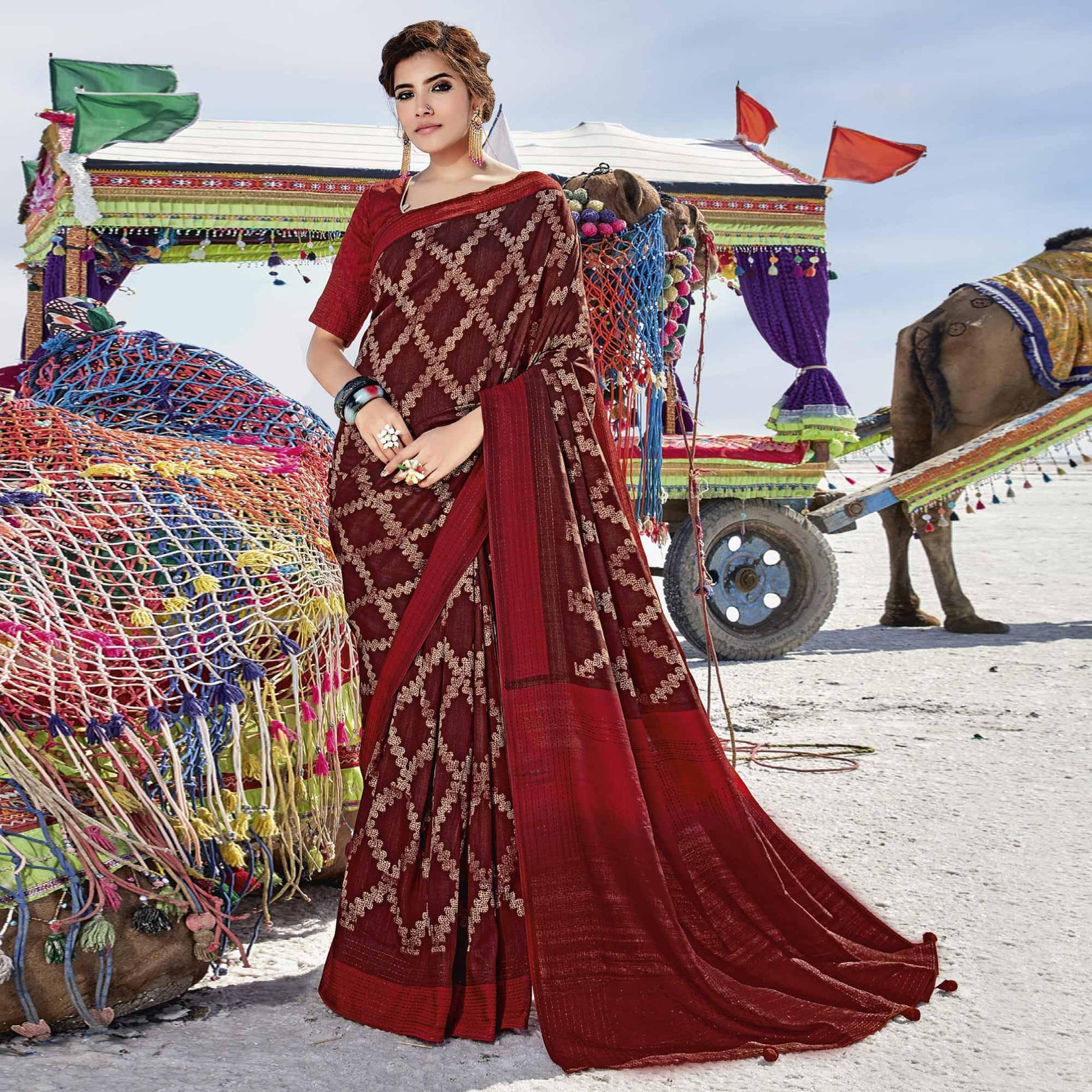 Maroon Casual Wear Printed Cotton Silk Saree