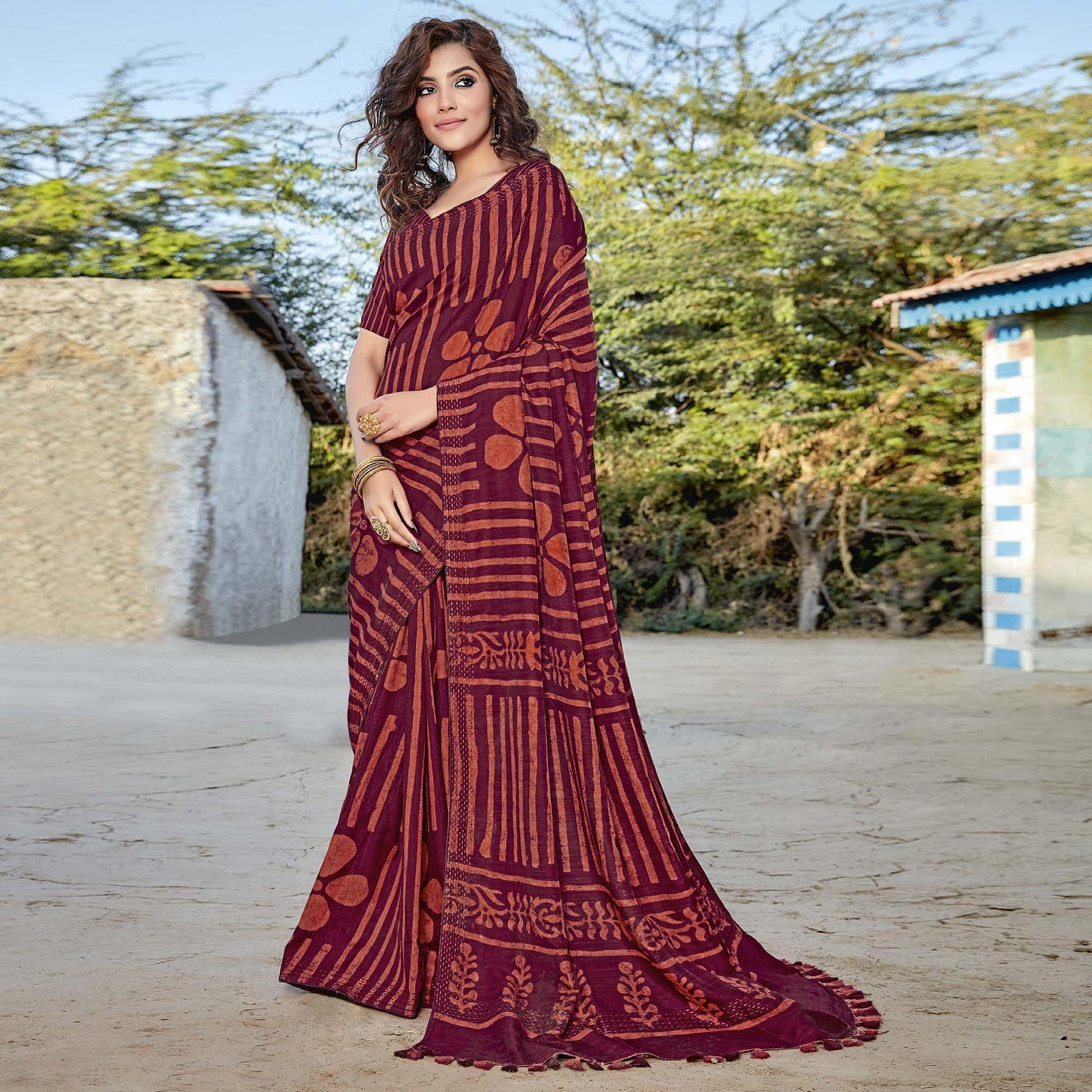 Maroon Casual Wear Printed Cotton Silk Saree